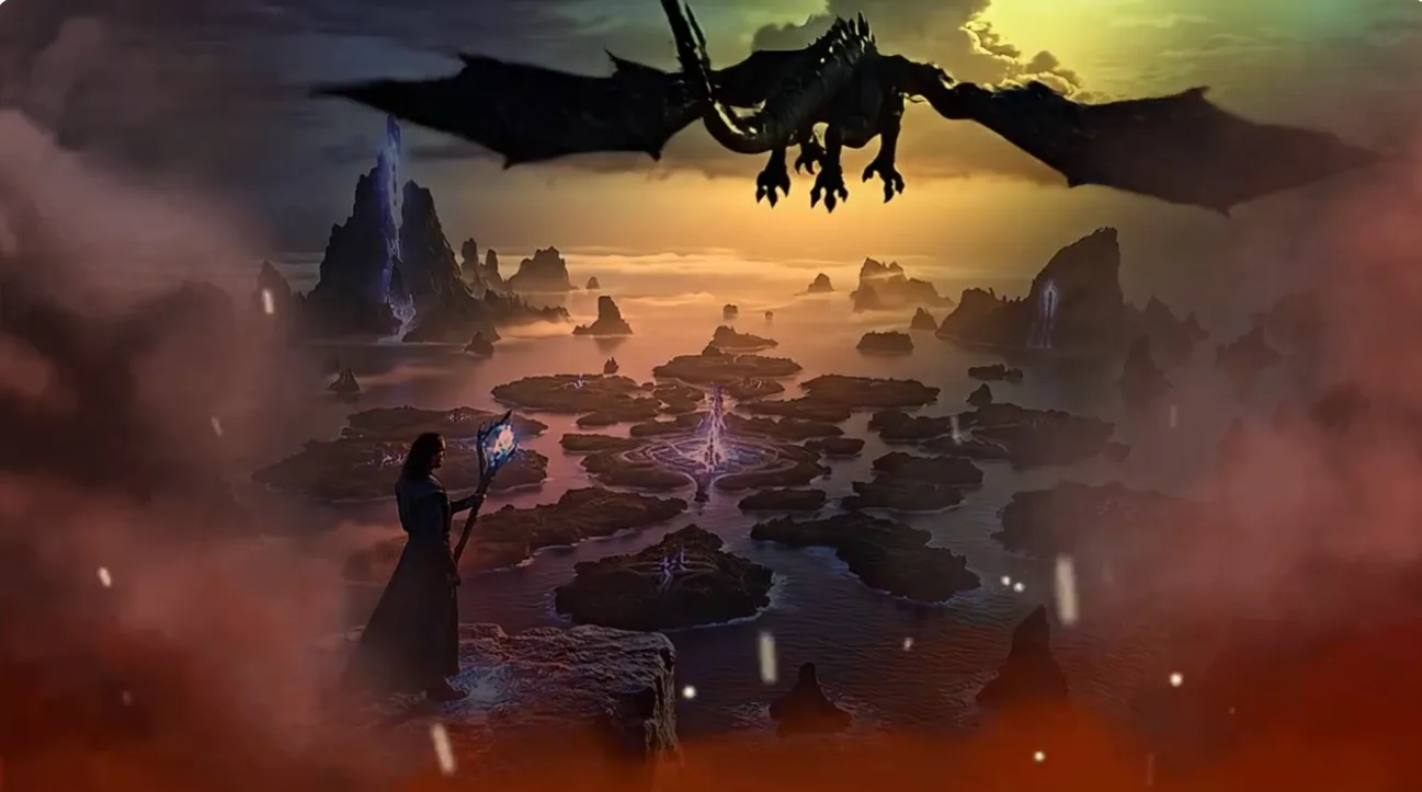 A wizard looking across the islands of Earthsea as a dark dragon flies overhead.