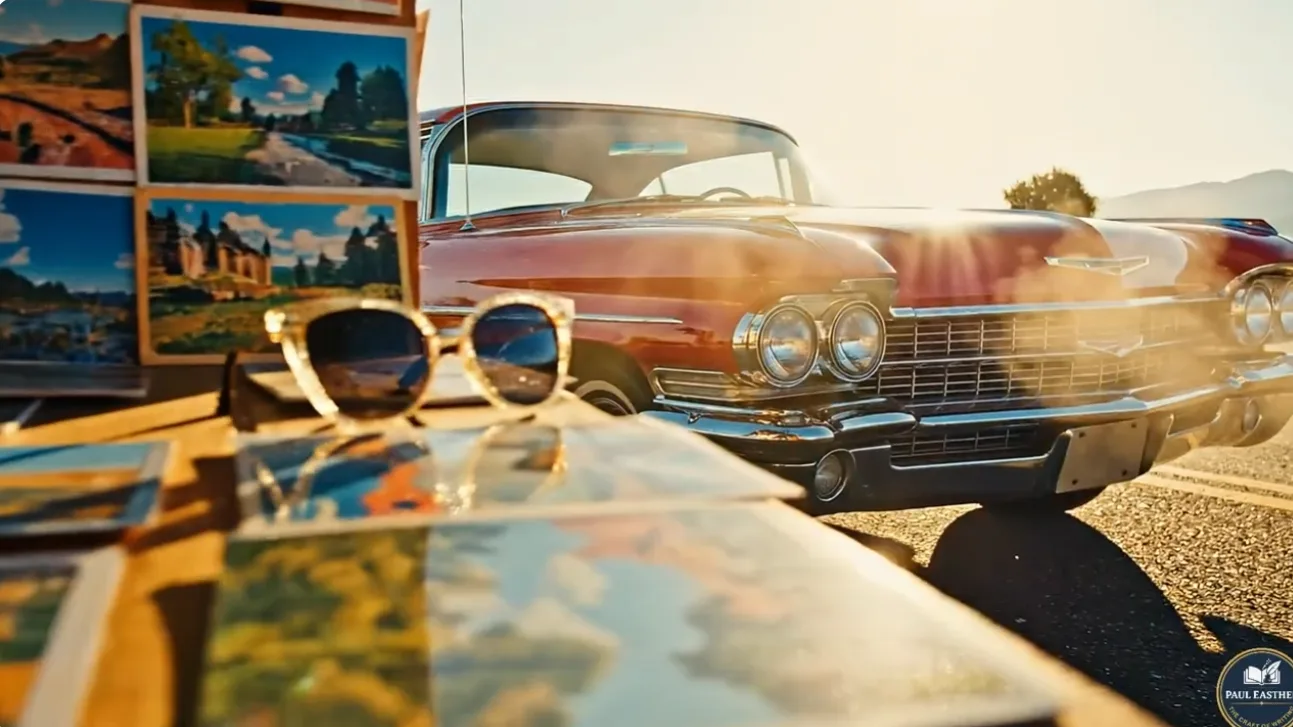 A gleaming vintage car beside postcards and sunglasses on a bright American roadside.