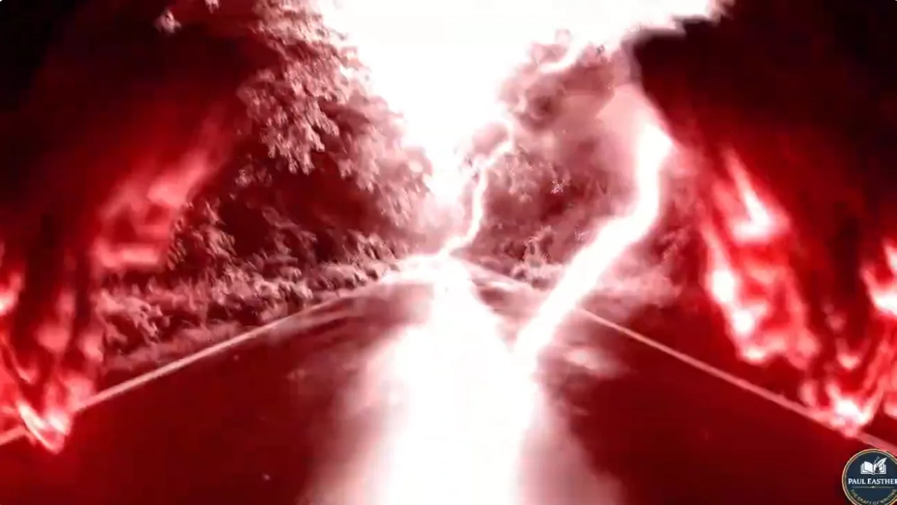 A seemingly idyllic road trip breaking apart beneath intense red light and distorted imagery.